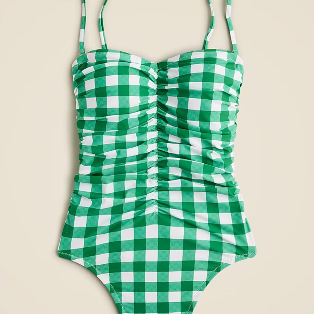 J. Crew Ruched sweetheart one-piece swimsuit in green gingham sz 24